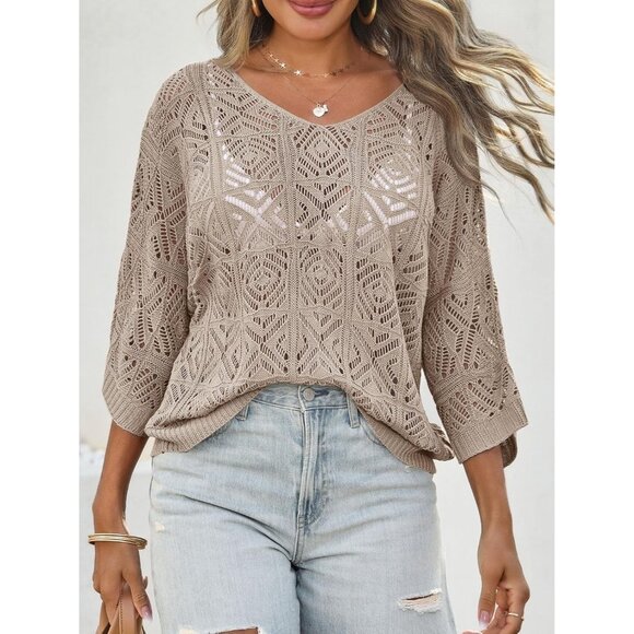 Women's Crocheted Mesh Cover Up Top Summer 3/4 Sleeve Off Shoulder Wahte - Picture 4 of 5